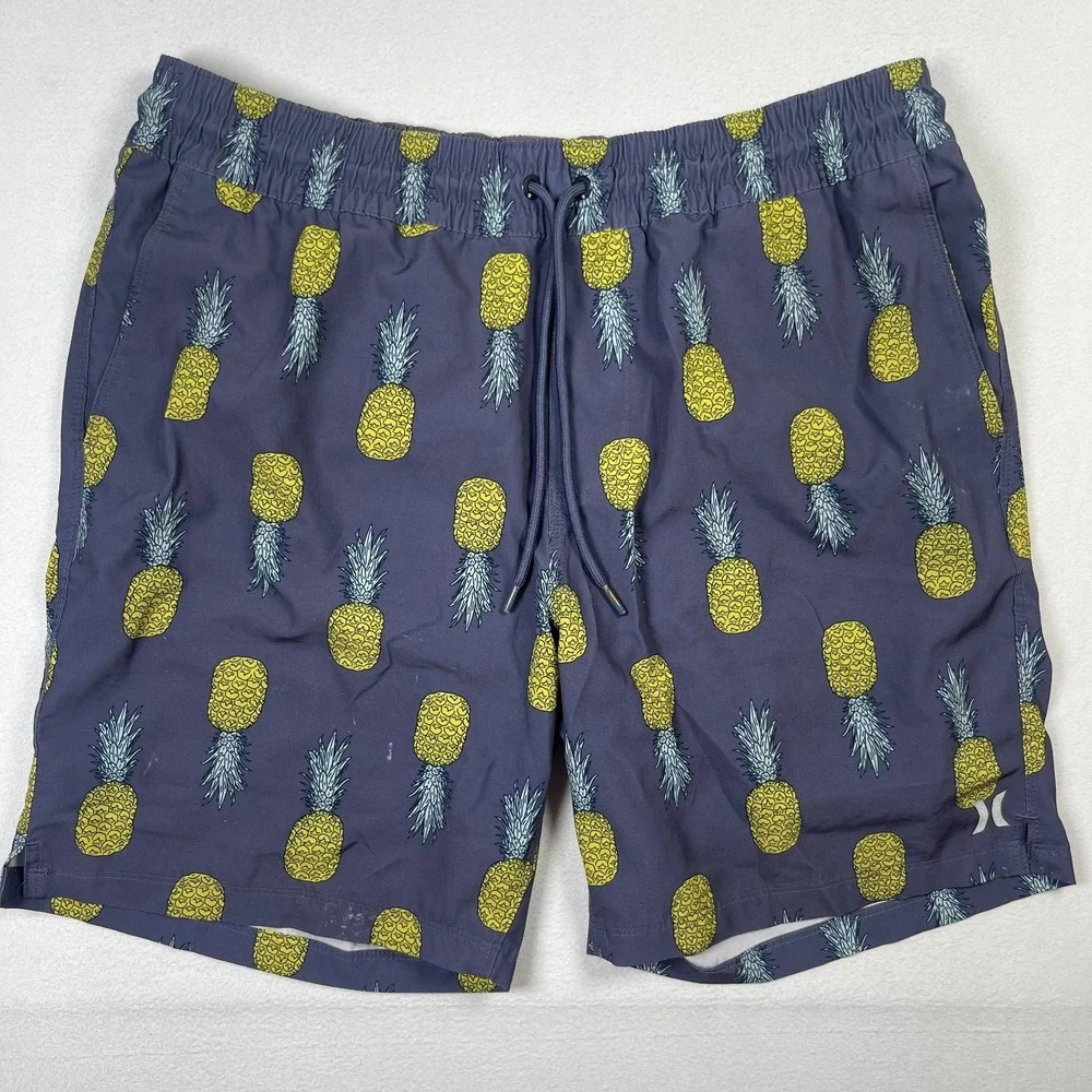 Hurley Swim Shorts Men's Large Gray Pineapple Print Nylon‎ Stretch Drawstring